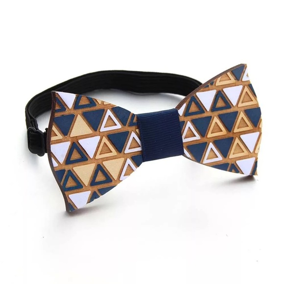 Hand Crafted Blue and White Geometric Wood Butterfly Bow Tie - Picture 2 of 16